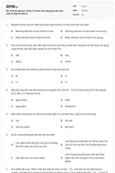 Bộ 3 đề thi giữa kì 2 Hóa 12 Chân trời sáng tạo cấu trúc mới có đáp án (Đề 2)