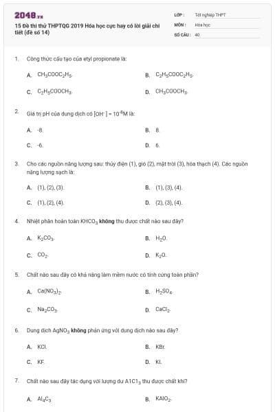 15 Đề thi thử THPTQG 2019 Hóa học cực hay có lời giải chi tiết (đề số 14)