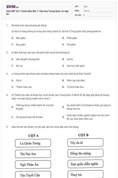 Giải VBT Sử 7 Cánh diều Bài 7: Văn hóa Trung Quốc có đáp án