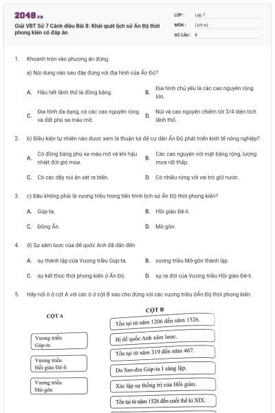Giải VBT Sử 7 Cánh diều Bài 8: Khái quát lịch sử Ấn Độ thời phong kiến có đáp án