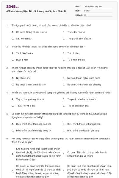 460 câu trắc nghiệm Tài chính công có đáp án - Phần 17