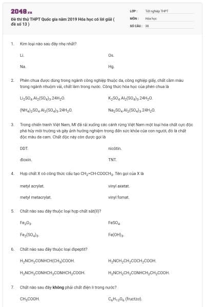 Đề thi thử THPT Quốc gia năm 2019 Hóa học có lời giải ( đề số 13 )