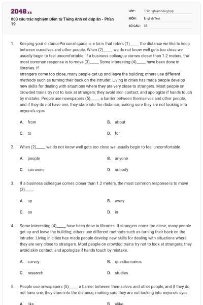 800 câu trắc nghiệm Điền từ Tiếng Anh có đáp án - Phần 19