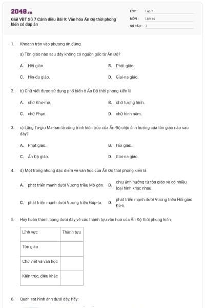 Giải VBT Sử 7 Cánh diều Bài 9: Văn hóa Ấn Độ thời phong kiến có đáp án