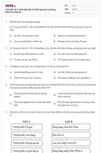Giải VBT Sử 7 Cánh diều Bài 10: Khái quát lịch sử Đông Nam Á có đáp án