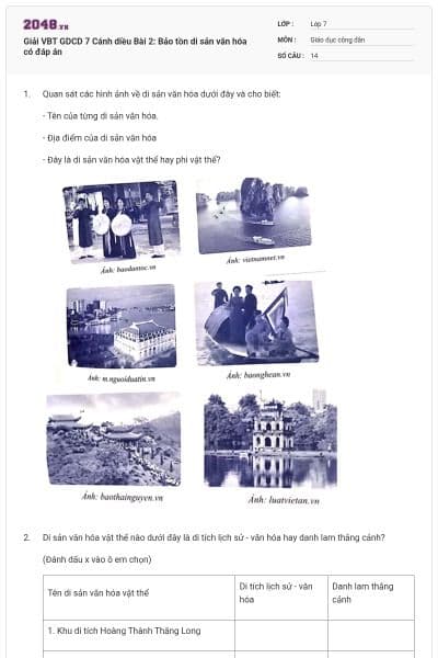 Giải VBT GDCD 7 Cánh diều Bài 2: Bảo tồn di sản văn hóa có đáp án