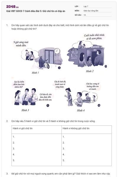 Giải VBT GDCD 7 Cánh diều Bài 5: Giữ chữ tín có đáp án