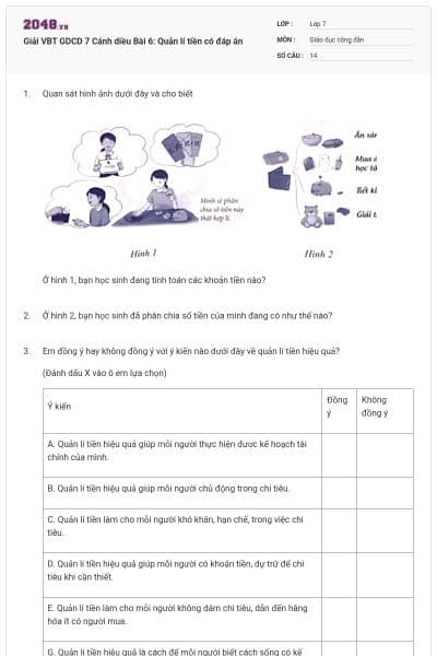 Giải VBT GDCD 7 Cánh diều Bài 6: Quản lí tiền có đáp án