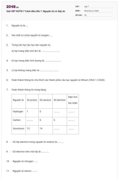 Giải VBT KHTN 7 Cánh diều Bài 1: Nguyên tử có đáp án