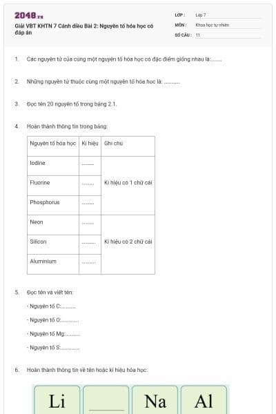 Giải VBT KHTN 7 Cánh diều Bài 2: Nguyên tố hóa học có đáp án