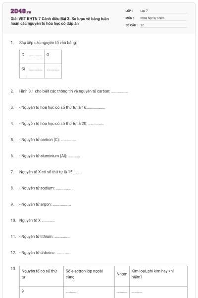 Giải VBT KHTN 7 Cánh diều Bài 3: Sơ lược về bảng tuần hoàn các nguyên tố hóa học có đáp án