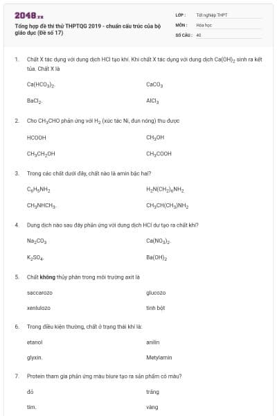 Tổng hợp đề thi thử THPTQG 2019 - chuẩn cấu trúc của bộ giáo dục (Đề số 17)