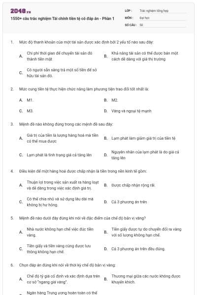 1550+ câu trắc nghiệm Tài chính tiền tệ có đáp án - Phần 1