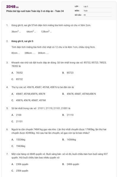 Phiếu bài tập cuối tuần Toán lớp 3 có đáp án - Tuần 34