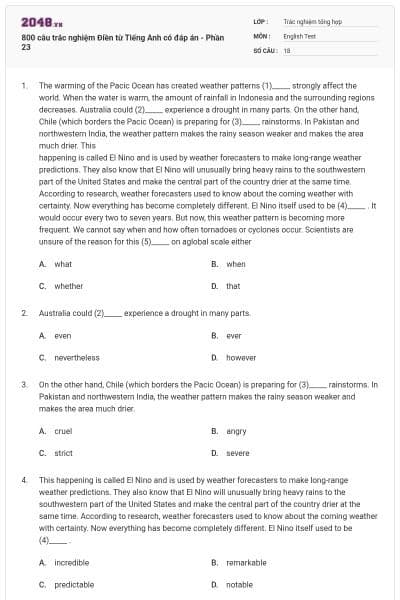 800 câu trắc nghiệm Điền từ Tiếng Anh có đáp án - Phần 23