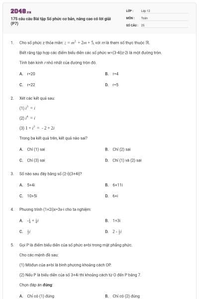 175 câu câu  Bài tập Số phức cơ bản, nâng cao có lời giải (P7)