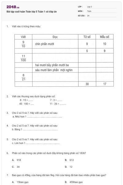 Bài tập cuối tuần Toán lớp 5 Tuần 1 có đáp án