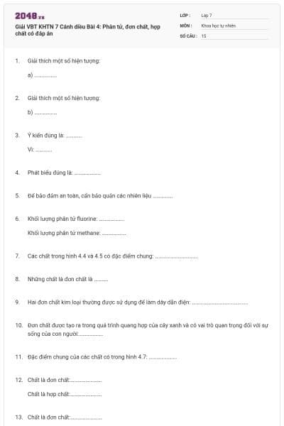 Giải VBT KHTN 7 Cánh diều Bài 4: Phân tử, đơn chất, hợp chất có đáp án