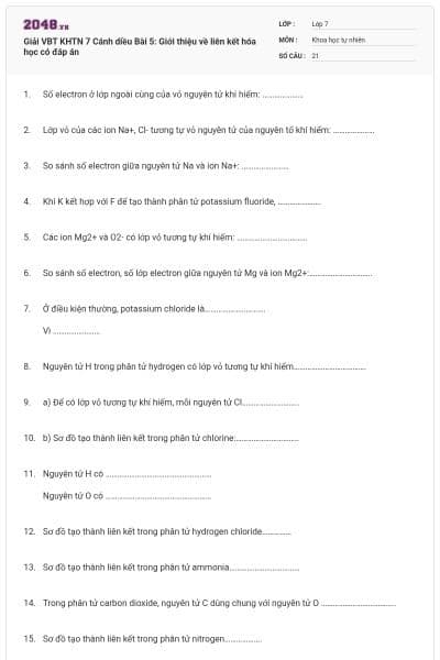 Giải VBT KHTN 7 Cánh diều Bài 5: Giới thiệu về liên kết hóa học có đáp án