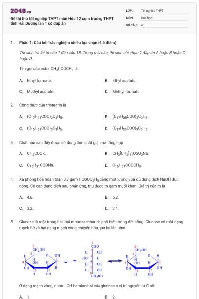 Đề thi thử tốt nghiệp THPT môn Hóa 12 cụm trường THPT tỉnh Hải Dương lần 1 có đáp án
