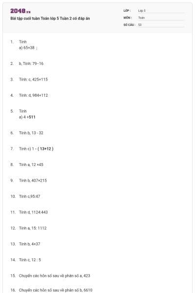 Bài tập cuối tuần Toán lớp 5 Tuần 2 có đáp án