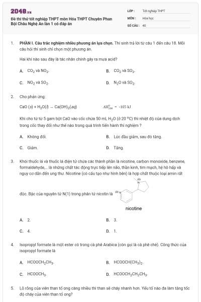 Đề thi thử tốt nghiệp THPT môn Hóa THPT Chuyên Phan Bội Châu Nghệ An lần 1 có đáp án