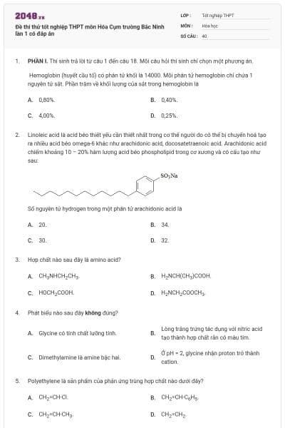 Đề thi thử tốt nghiệp THPT môn Hóa Cụm trường Bắc Ninh lần 1 có đáp án