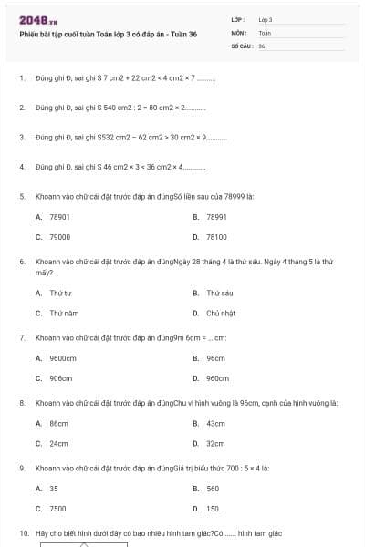 Phiếu bài tập cuối tuần Toán lớp 3 có đáp án - Tuần 36