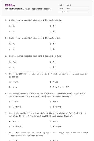 100 câu trắc nghiệm Mệnh đề - Tập hợp nâng cao (P4)