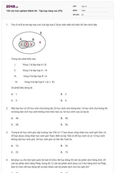 100 câu trắc nghiệm Mệnh đề - Tập hợp nâng cao (P5)