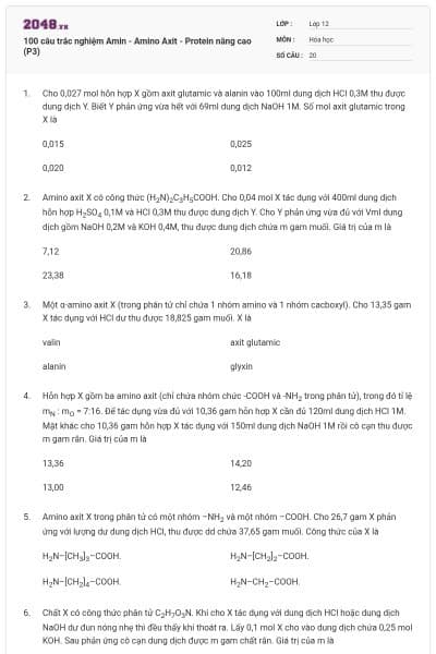 100 câu trắc nghiệm Amin - Amino Axit - Protein nâng cao (P3)