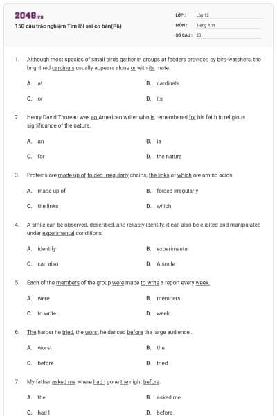 150 câu trắc nghiệm Tìm lỗi sai cơ bản(P6)