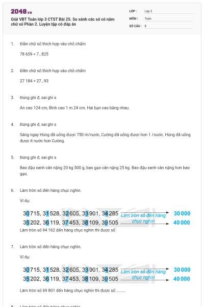 Giải VBT Toán lớp 3 CTST Bài 25. So sánh các số có năm chữ số Phần 2. Luyện tập có đáp án