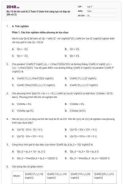 Bộ 10 đề thi cuối kì 2 Toán 9 Chân trời sáng tạo có đáp án (Đề số 2)