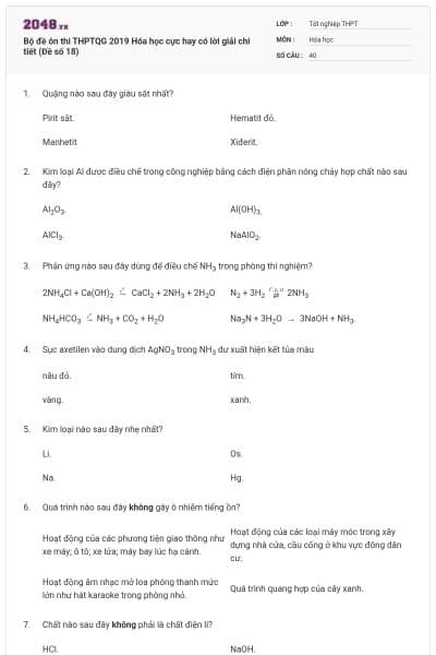 Bộ đề ôn thi THPTQG 2019 Hóa học cực hay có lời giải chi tiết (Đề số 18)