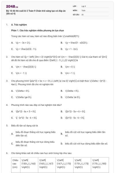 Bộ 10 đề thi cuối kì 2 Toán 9 Chân trời sáng tạo có đáp án (Đề số 4)