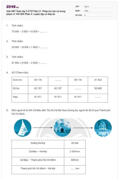Giải VBT Toán lớp 3 CTST Bài 27. Phép trừ các số trong phạm vi 100 000 Phần 2. Luyện tập có đáp án