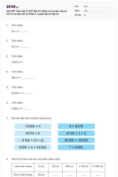 Giải VBT Toán lớp 3 CTST Bài 29. Nhân số có năm chữ số với số có một chữ số Phần 2. Luyện tập có đáp án