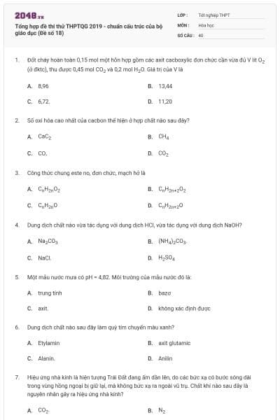 Tổng hợp đề thi thử THPTQG 2019 - chuẩn cấu trúc của bộ giáo dục (Đề số 18)