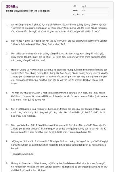 Bài tập Chuyển động Toán lớp 5 có đáp án