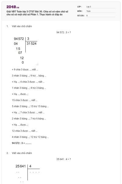 Giải VBT Toán lớp 3 CTST Bài 30. Chia số có năm chữ số cho số có một chữ số Phần 1. Thực hành có đáp án
