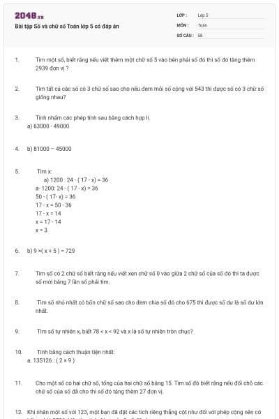 Bài tập Số và chữ số Toán lớp 5 có đáp án