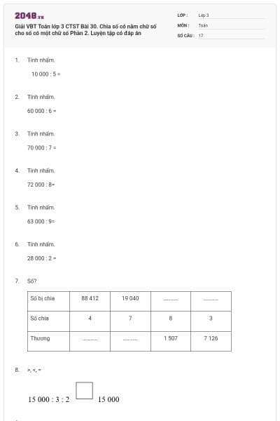 Giải VBT Toán lớp 3 CTST Bài 30. Chia số có năm chữ số cho số có một chữ số Phần 2. Luyện tập có đáp án