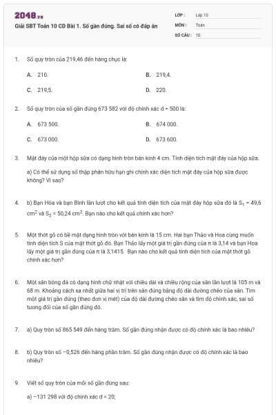 Giải SBT Toán 10 CD Bài 1. Số gần đúng. Sai số có đáp án