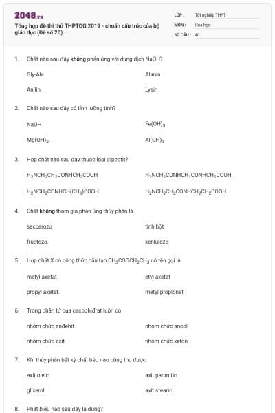 Tổng hợp đề thi thử THPTQG 2019 - chuẩn cấu trúc của bộ giáo dục (Đề số 20)