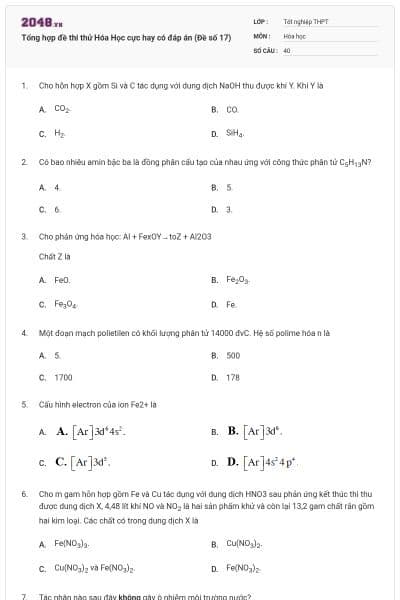 Tổng hợp đề thi thử Hóa Học cực hay có đáp án (Đề số 17)