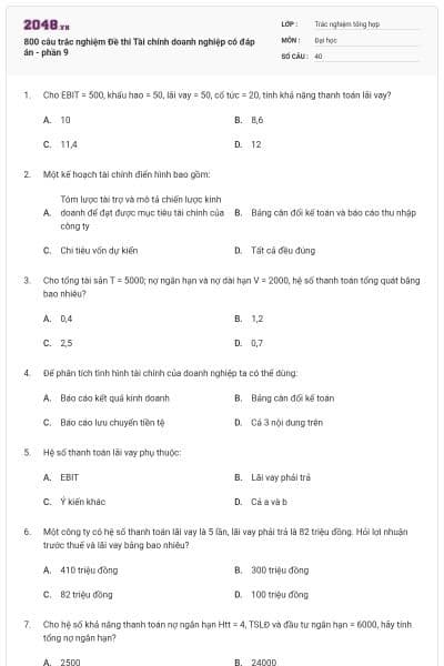 800 câu trắc nghiệm Đề thi Tài chính doanh nghiệp có đáp án - phần 9
