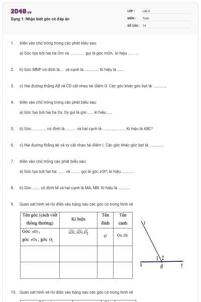 Dạng 1: Nhận biết góc có đáp án