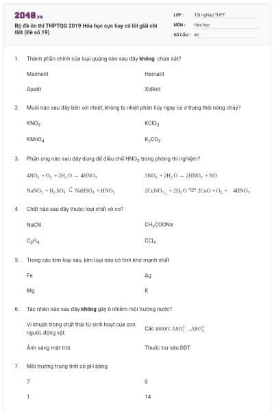 Bộ đề ôn thi THPTQG 2019 Hóa học cực hay có lời giải chi tiết (Đề số 19)