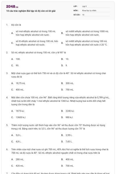 10 câu trắc nghiệm Bài tập về độ cồn có lời giải